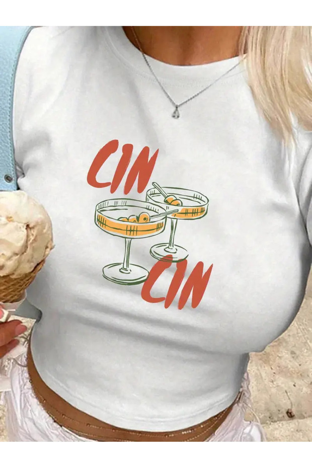 Women's White Cın Cın Lycra Organic Cotton Crew Neck Stylish Crop