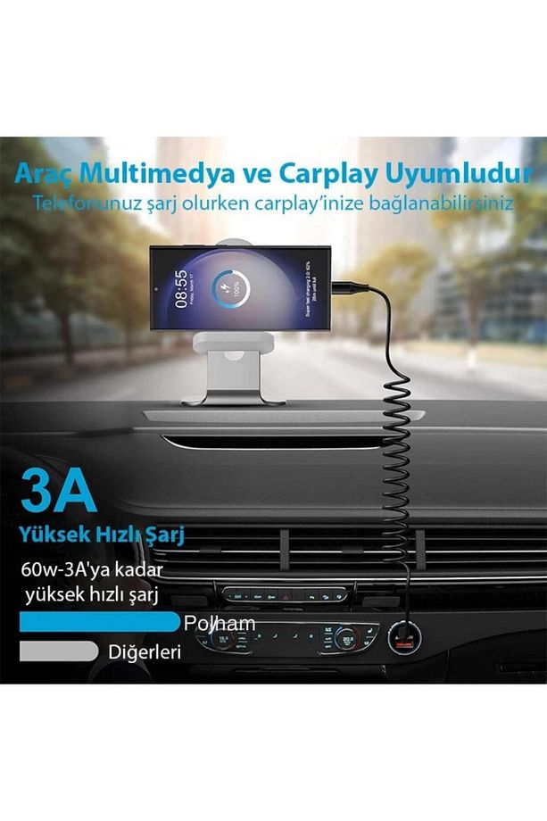 3A 60W Spiral Type C to Type C Şarj ve Data Kablosu,1-1,5 Metre Kısayıp Uzayabilen Elastik Ka - 3