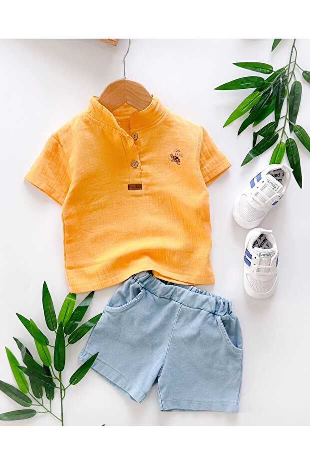 Cool Turtle Front Wooden Button Detailed Muslin Shirt Knitted Denim Shorts Summer 2 Piece Set