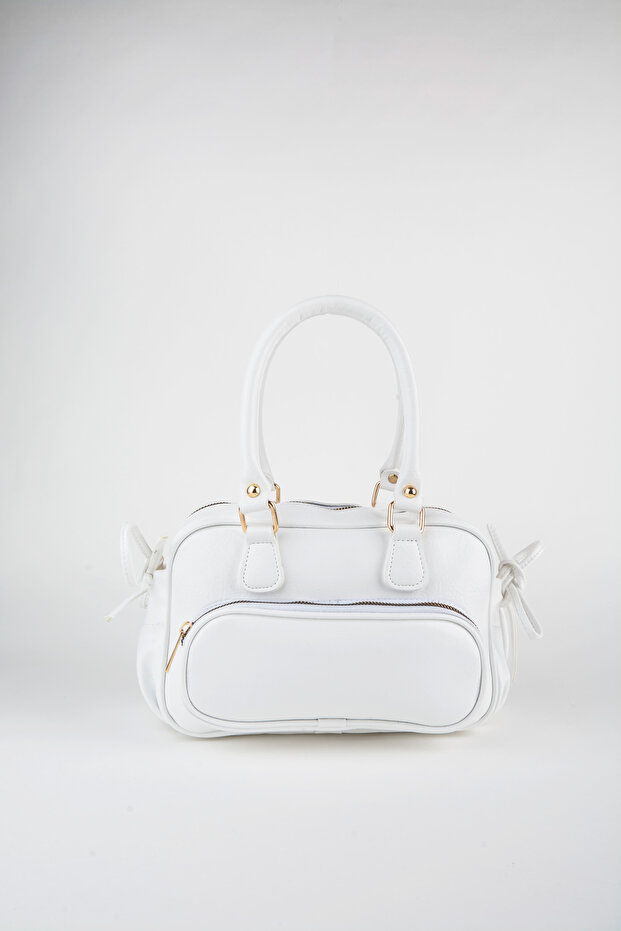 Women's Mila White Wrinkled Shiny Faux Leather Zipper Closure Strap Handbag and Shoulder Bag