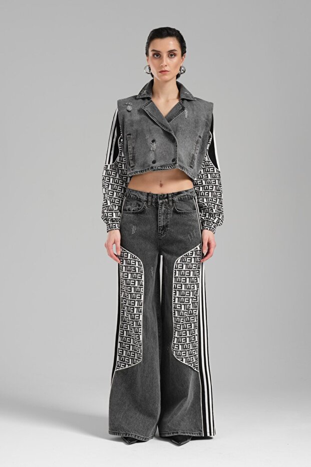 Women's Garnished Back Elastic Waist Palazzo Jean with Side Stripes
