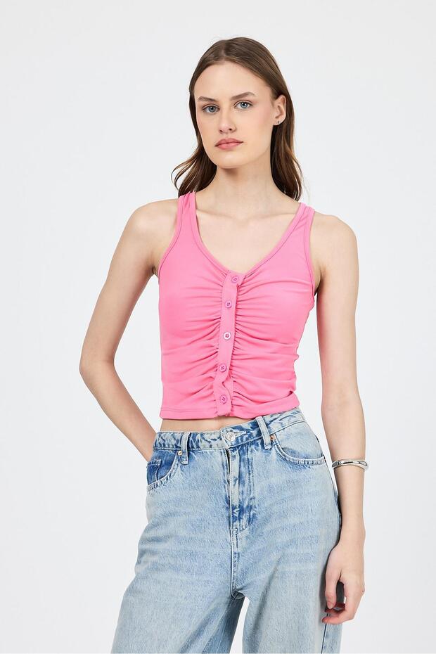 قميص داخلي وردي اللون برقبة على شكل حرف U وأزرار 13298 - 8