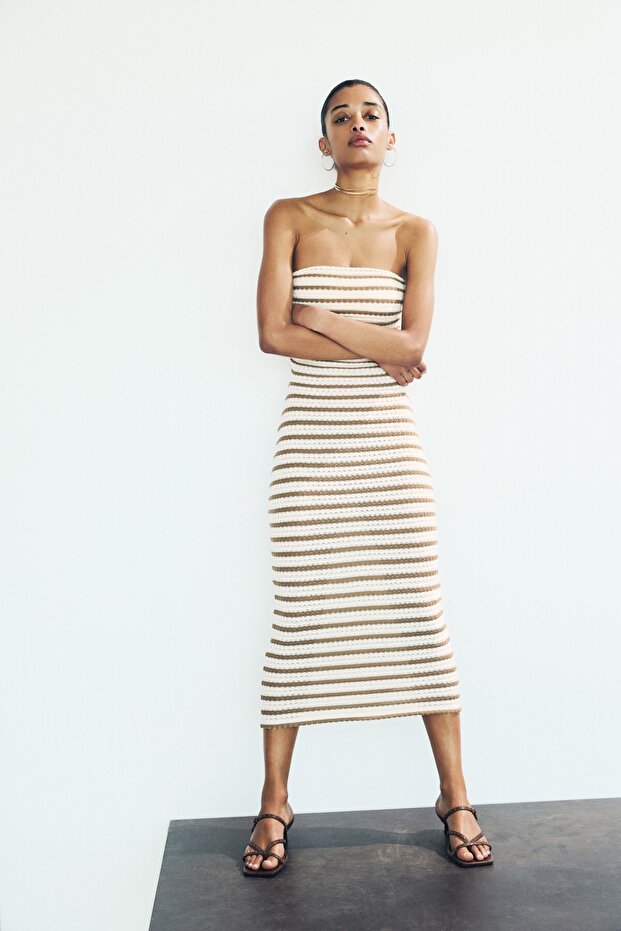 Çizgili rustik midi elbise - 1
