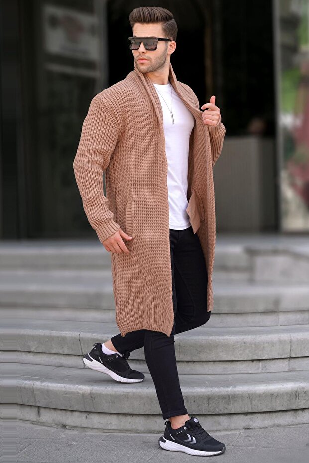 Camel Stand Collar Long Knitwear Cardigan with Pockets 6816