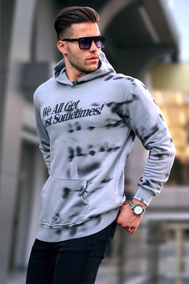Painted Gray Printed Hooded Sweatshirt 5897
