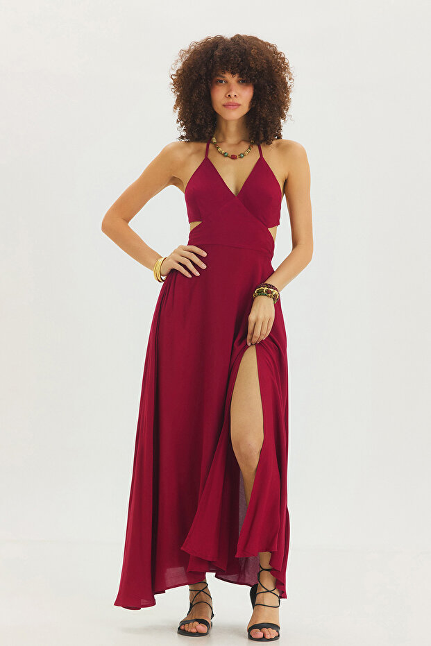 Deep Slit Bohemian Maxi Dress Burgundy