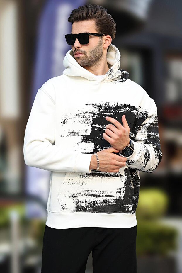 Ecru Hooded Patterned Men's Sweatshirt with Pocket Detail 7059