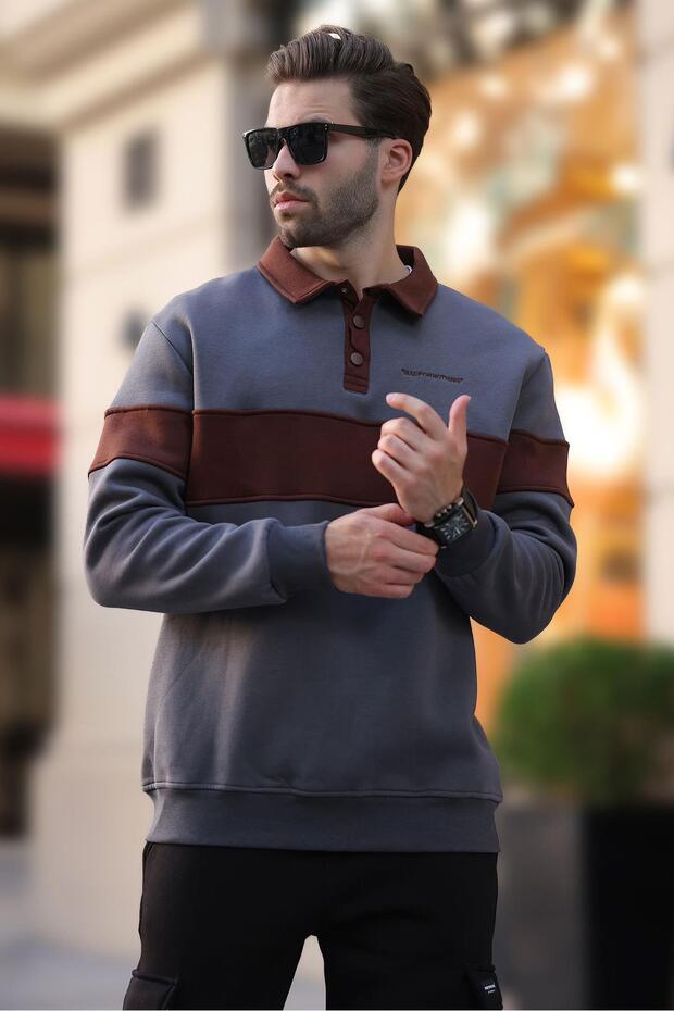 Smoked Polo Neck Color Block Men's Sweatshirt 7072