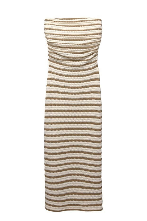 Çizgili rustik midi elbise - 4