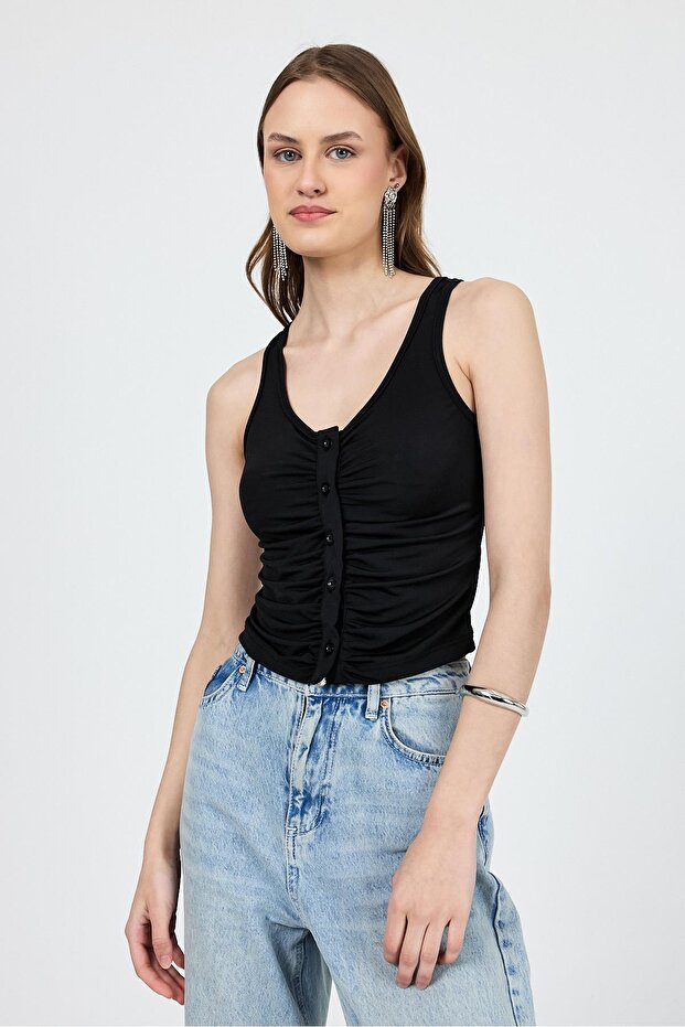 قميص داخلي أسود بياقة على شكل حرف U وأزرار 13298 - 7