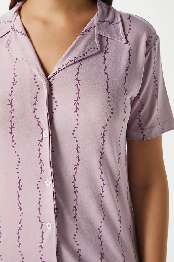Kadın Spring Yumuşak Doku Lila Bahar Dalı Ön Düğmeli Kısa Kollu Pijama Takımı - 7