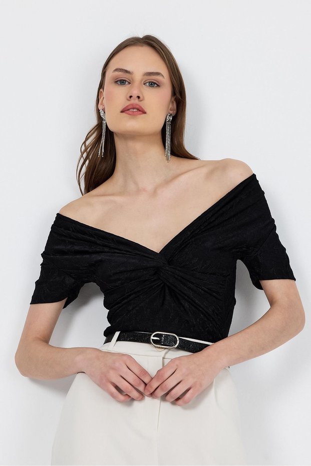 Black Off Shoulder Gather Detailed Blouse 13325