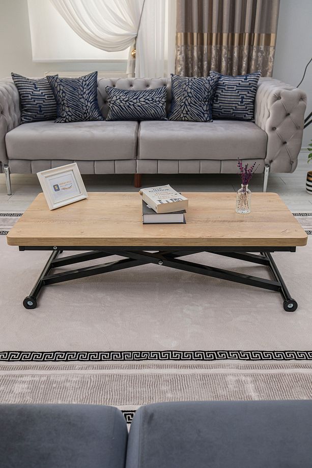 Akıllı Sehpa Home Üst Tabla Mdf VeliMeşe Oval Köşe Alt Mekanizma Siyah Renk - 4