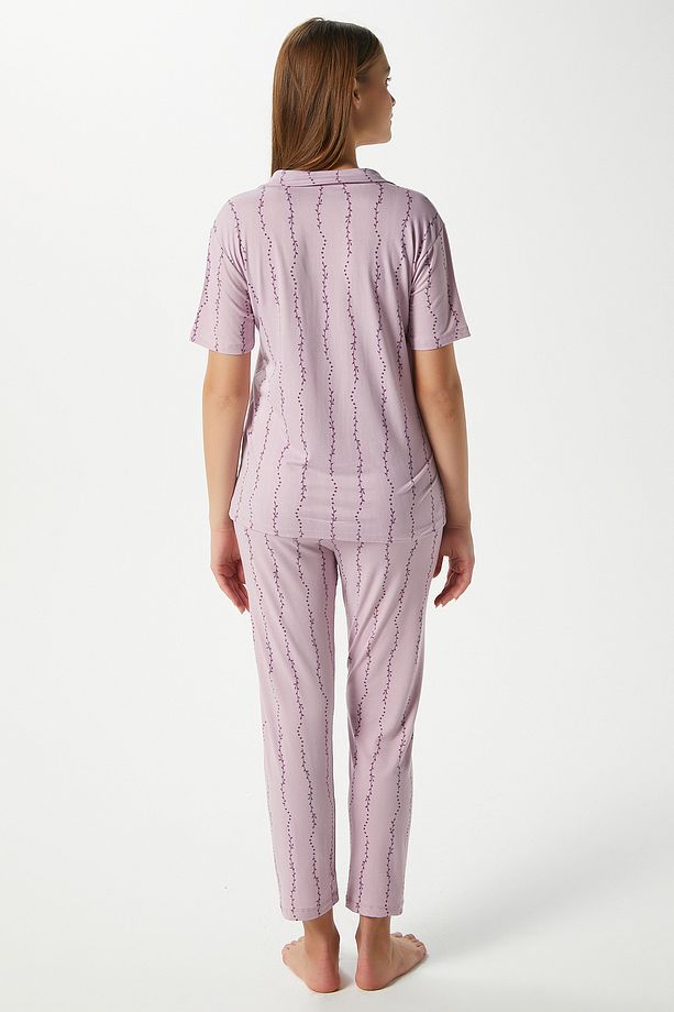 Kadın Spring Yumuşak Doku Lila Bahar Dalı Ön Düğmeli Kısa Kollu Pijama Takımı - 5
