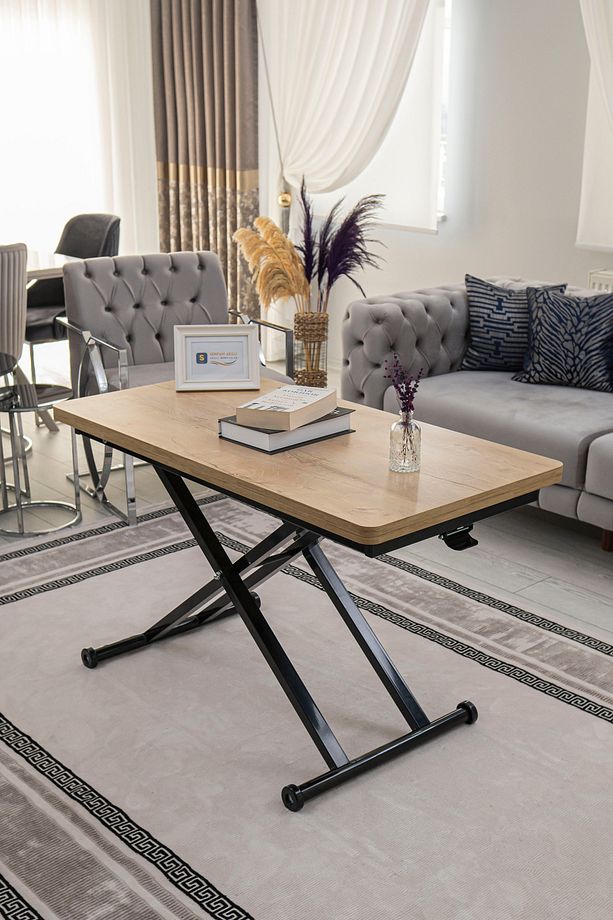 Akıllı Sehpa Home Üst Tabla Mdf VeliMeşe Oval Köşe Alt Mekanizma Siyah Renk - 5