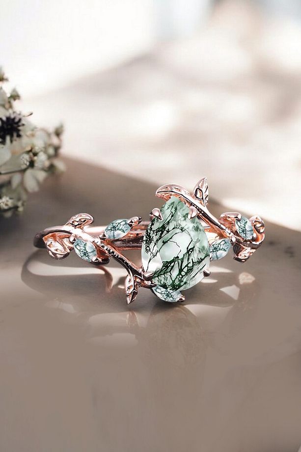 Damla Moss Agate Yaprak Tasarımlı Altın Yüzük - 7