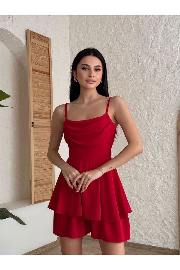 İp Askılı Sırttan Kumaş Bağlamalı Mini Şort Abiye Tulum - 3