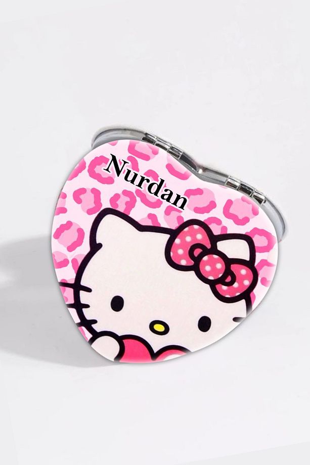 Kişiye Özel İsimli Hello Kitty Baskılı Kalp Deri Ayna Çanta, Cep ve Makyaj Aynası - 1