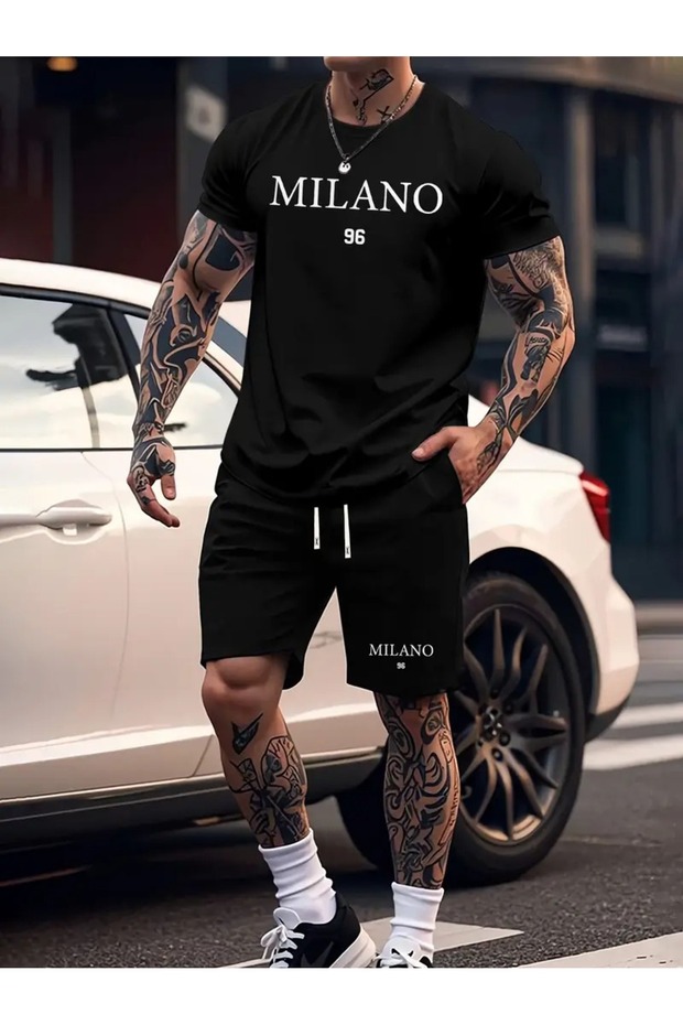 Milano 96 Printed Men's Summer Comfortable Two-Piece Set - Stylish Black T-Shirt and Black Shorts Outfit,