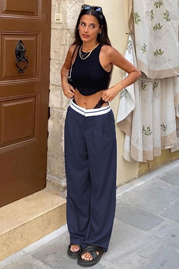 Navy Blue Belt Detailed Wide Leg Trousers Mg1834