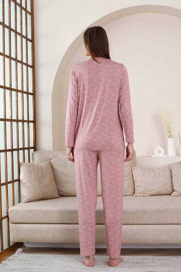 Uzun Kollu Pijama Takımı - Gülkurusu Çiçek Desen Likralı Viskon 2851uy - 5