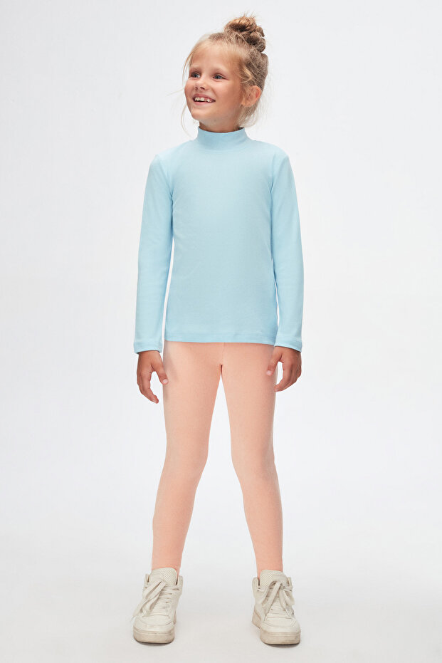 Baby Blue Basic Winter Half Turtleneck Long Sleeve Girl's T-Shirt