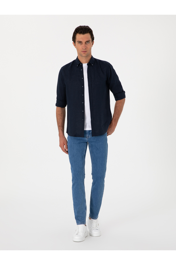 Lacivert Regular Fit %100 Keten Gömlek 50303617-VR033 - 4