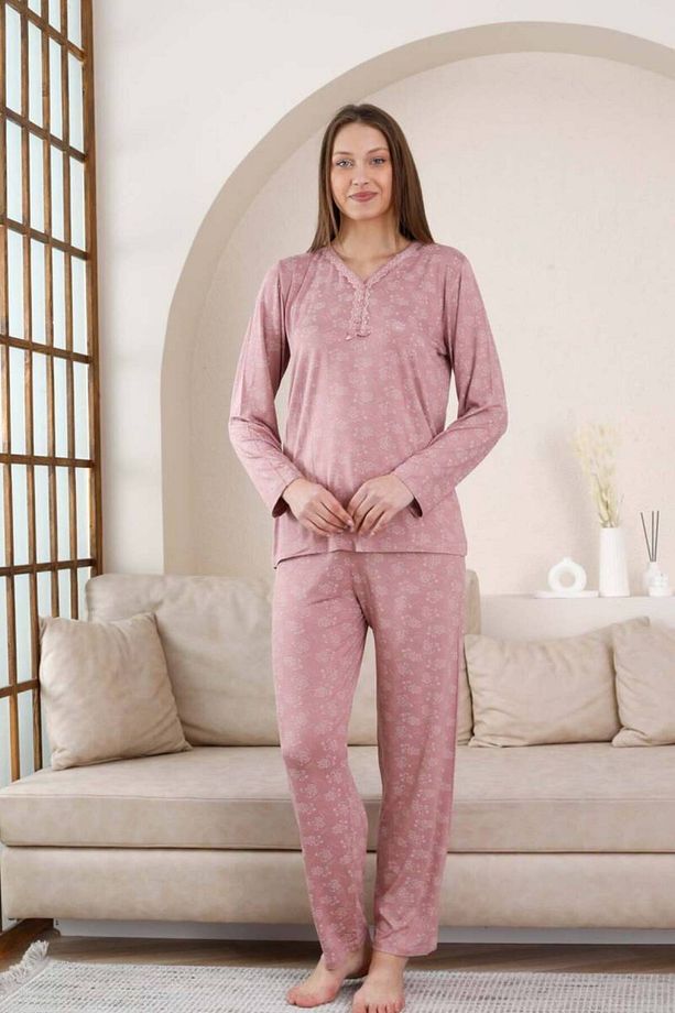 Uzun Kollu Pijama Takımı - Gülkurusu Çiçek Desen Likralı Viskon 2851uy - 2
