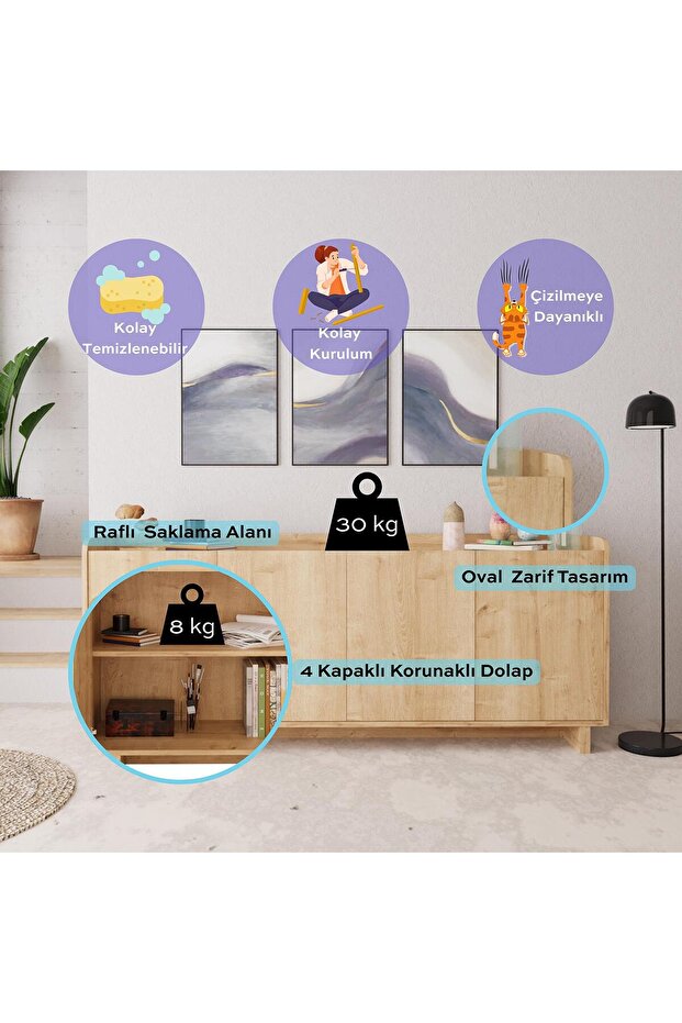 H1110 Boho Konsol Safir 180 Cm Salon Mobilyası Bohem Tarz Raflı Kapaklı Dekoratif Konsol - 3