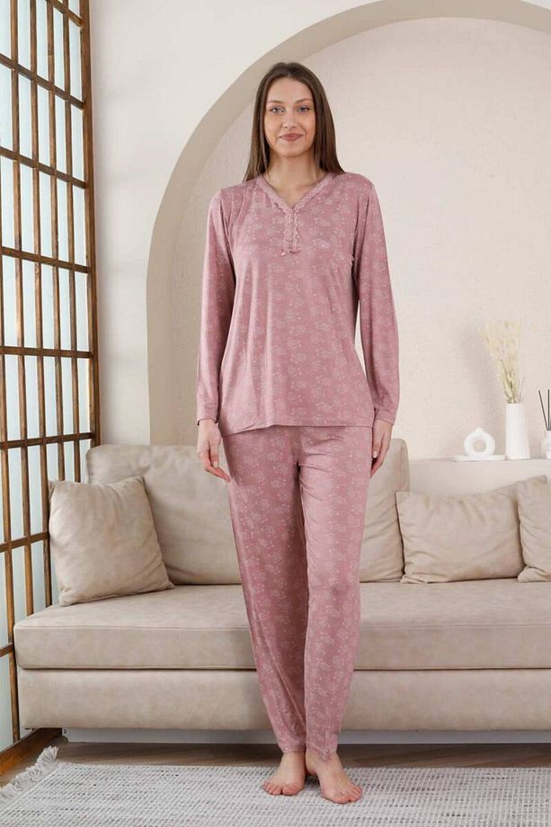 Uzun Kollu Pijama Takımı - Gülkurusu Çiçek Desen Likralı Viskon 2851uy - 1