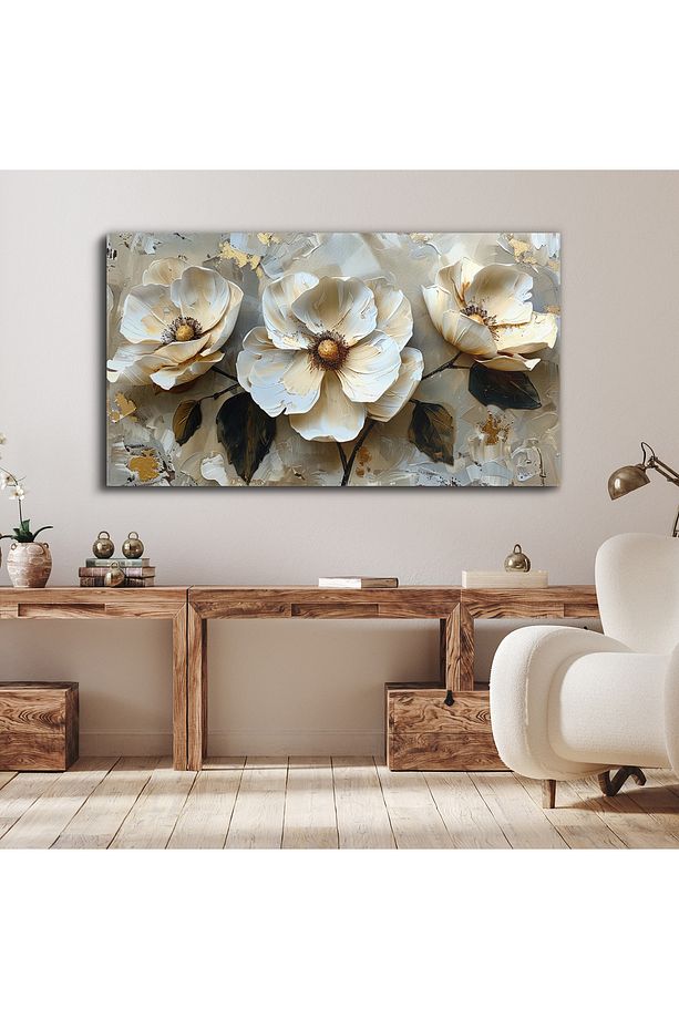 Yağlı Boya Görünümlü Çiçekler Tek Parça Kanvas - Canvas Tablo - 2