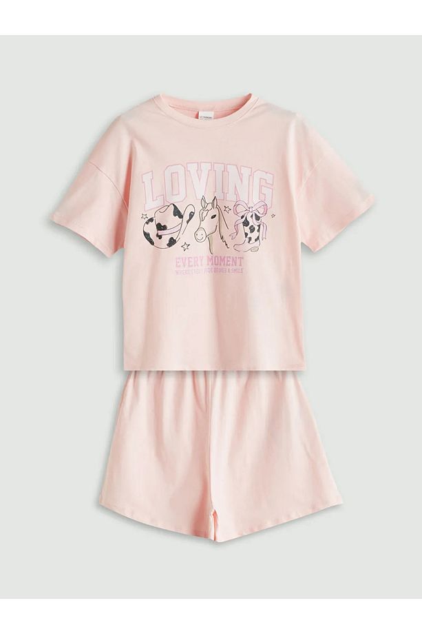 Pembe Bisiklet Yaka Kız Çocuk Şortlu Pijama Takımı - 1