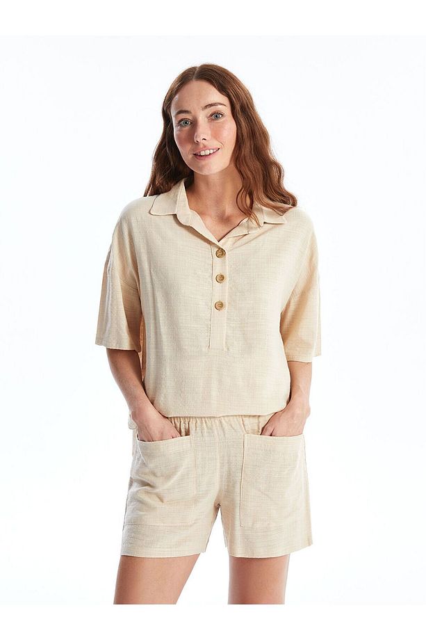 Gömlek Yaka Düz Kısa Kollu Kadın Şortlu Pijama Takımı - 2