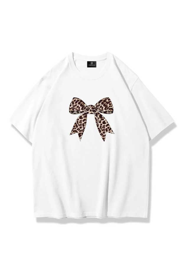 Women's Leopard Ribbon Printed Oversize 100% Cotton T-Shirt