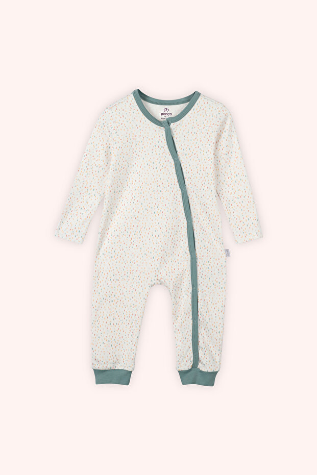 Newborn Printed Ecru Jumpsuit with Piping Detail and Booties