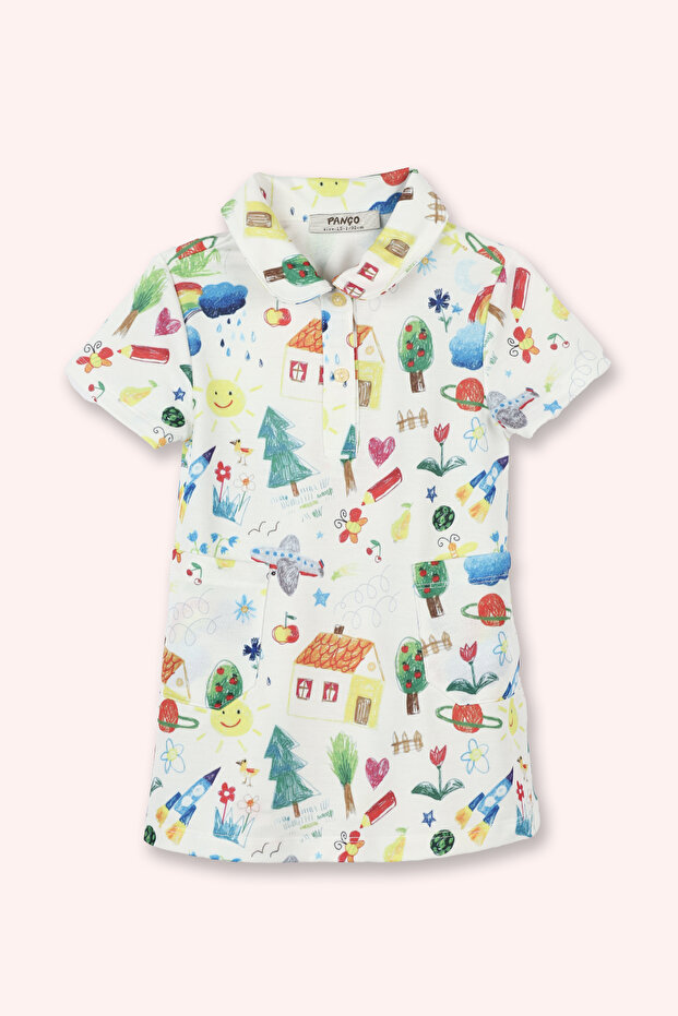 Kız Bebek Baskılı Örme Beyaz Elbise - 1