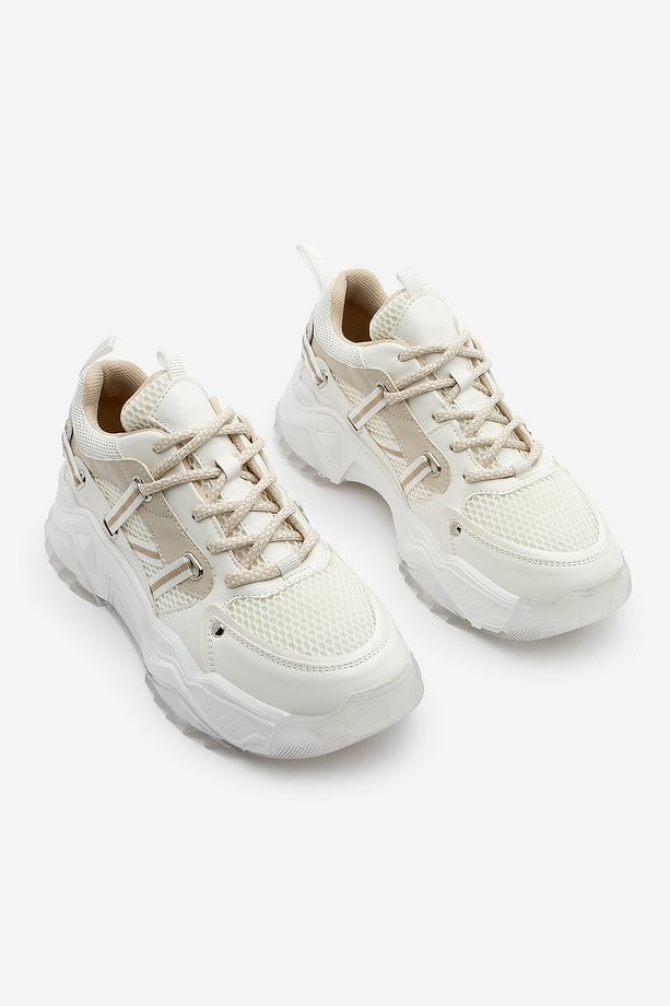 Kadın Sneaker Bağcıklı Fileli Kalın Taban Spor Ayakkabı Azlin Bej - 5