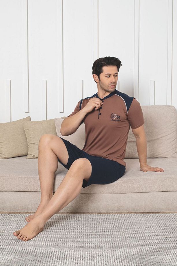 Erkek Pamuklu Örme Kısa Kol Şort Cepli Pijama Takımı - 1