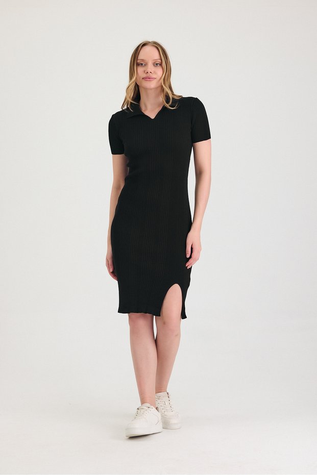 Women's Black Polo Neck Slit Detailed Dress