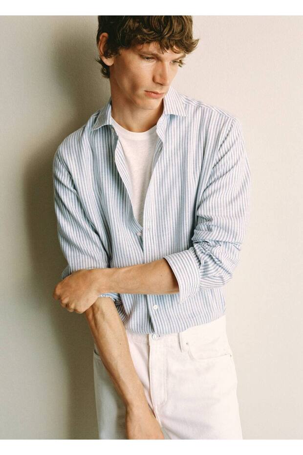 Regular fit çizgili keten gömlek - 6