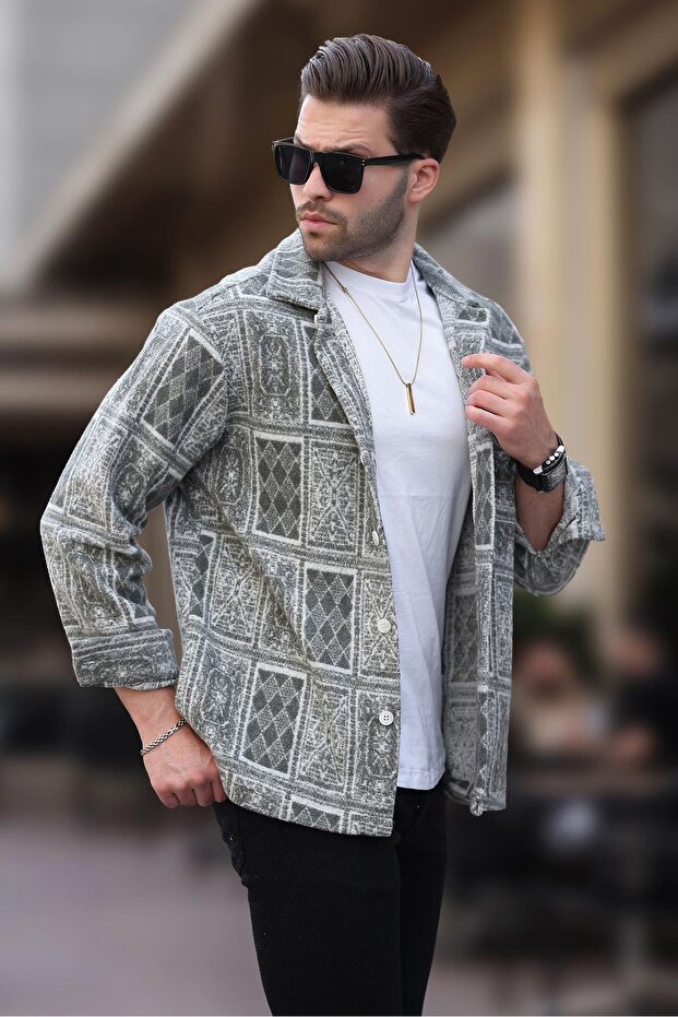 Khaki Print Single Pocket Men's Fleece Shirt 6751