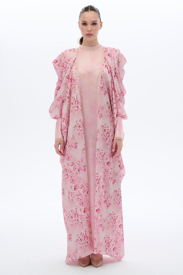 DANTEL ŞERİTLİ KAFTAN ELBİSE Pembe - 1