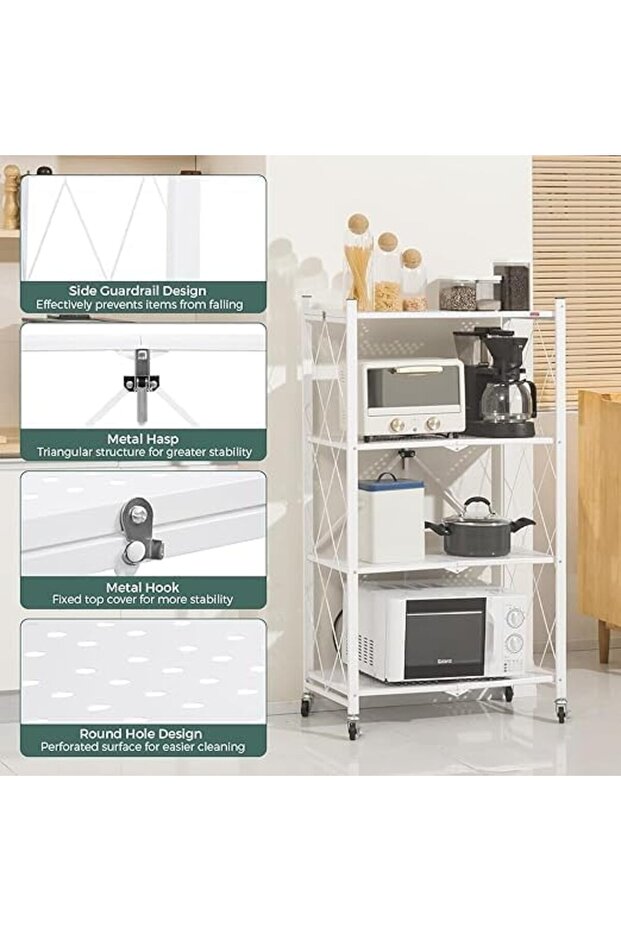 رفوف تخزين قابلة للطي مع عجلات، 4 طبقات، أبيض - 5