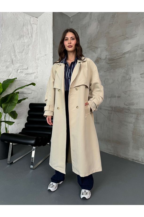 Taş Oversize Dört Düğmeli Trençkot - 5