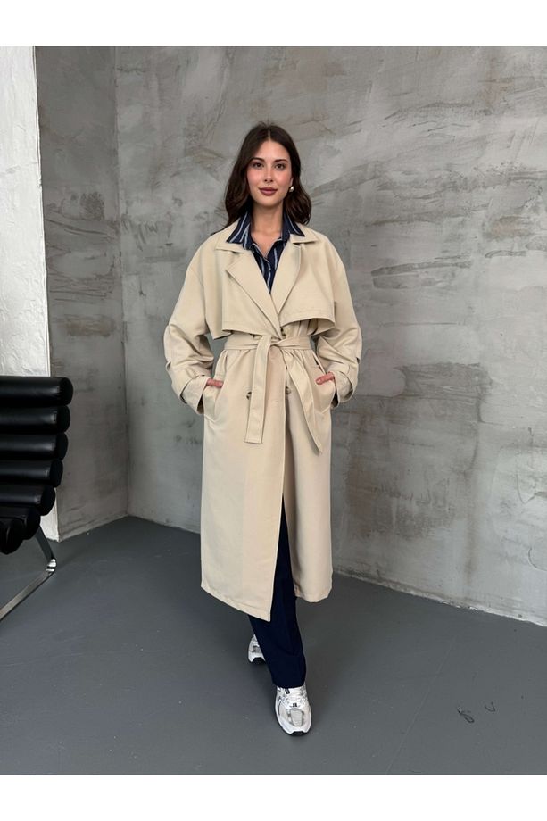 Taş Oversize Dört Düğmeli Trençkot - 1