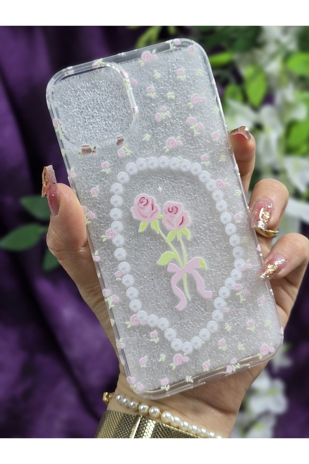iPhone 15 Compatible Rose Pattern Silicone Transparent Phone Case