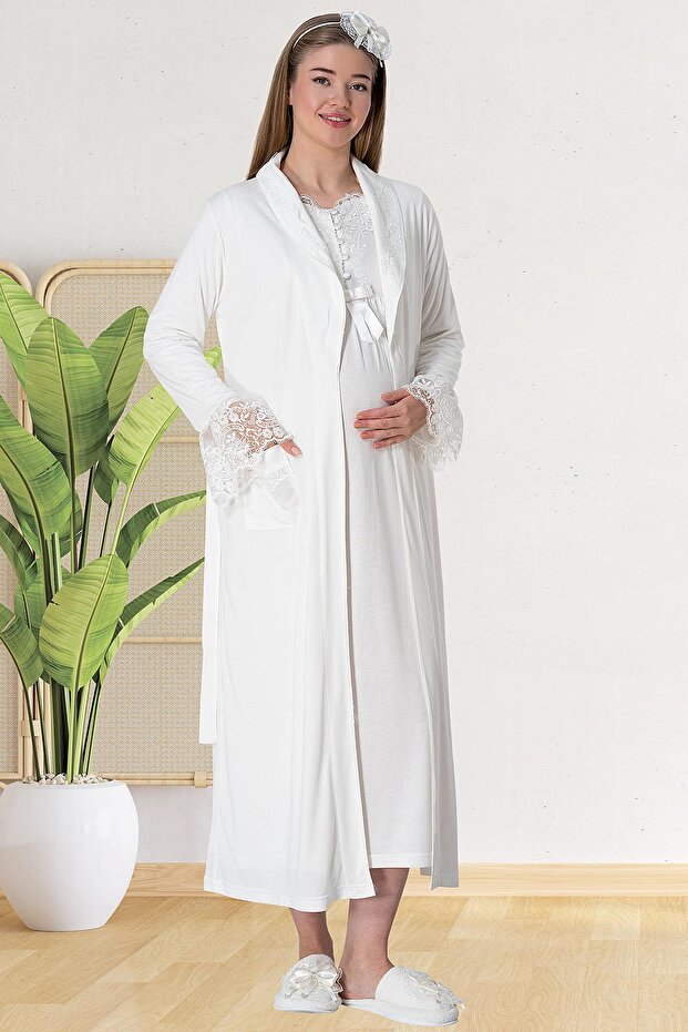Women's Ecru Lace Special Design Long Sleeve Cotton Summer Maternity Maternity Dressing Gown Nightgown Set