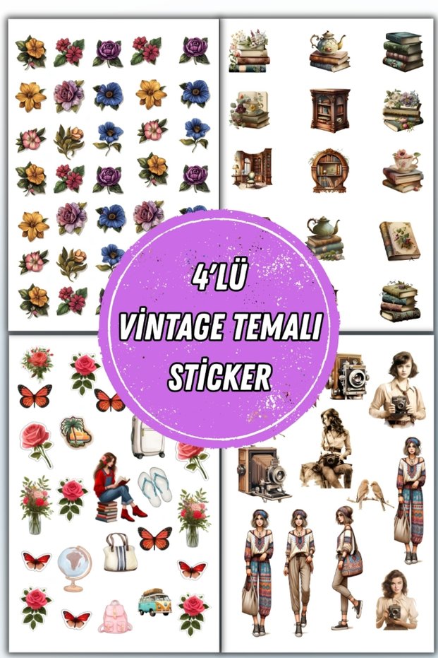Vintage Themed Nostalgia Sticker Set of 4 - Suitable for Bullet Journal and Scrapbook Collage