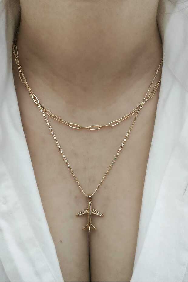 2-Piece Combination Airplane Charm Gold Women's Necklace