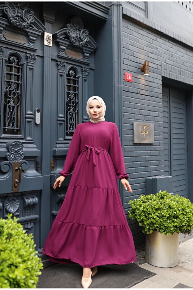 Layered Belted Hijab Dress